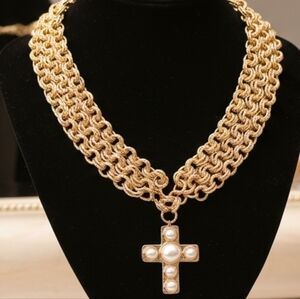 Bold Pearl Cross Pendant Accent Textured Metal Layered Chain Necklace